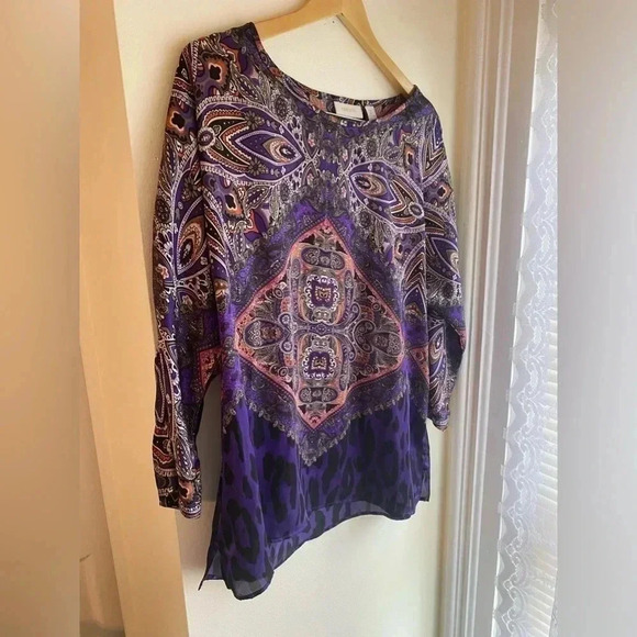 Chicos Paisley Leopard Print Blouse Purple Pink 3/4 Sleeve Boat Neck Size Large - Picture 5 of 6